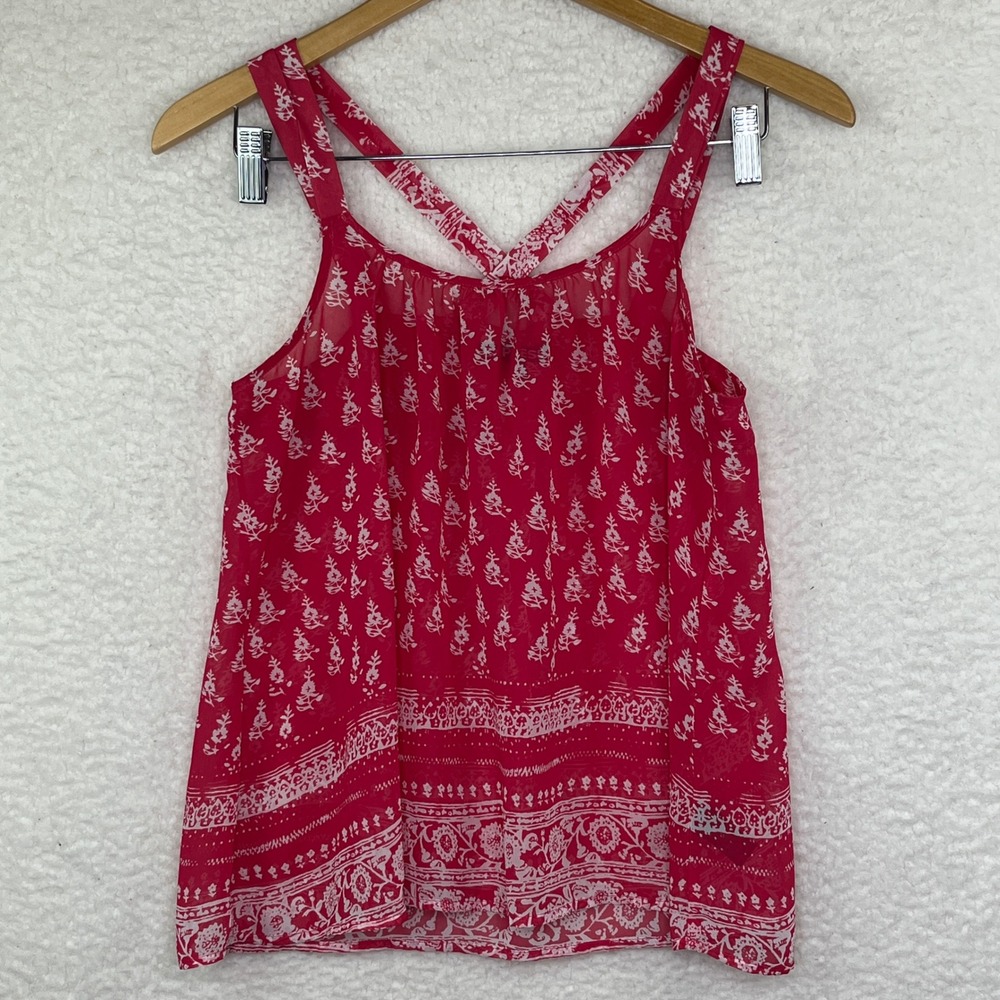 Express Womens Red White Floral Boho Criss Cross Back Sleeveless Blouse Small